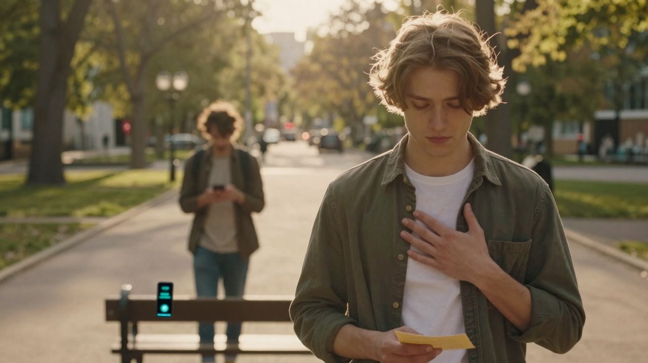 Jovens em parque urbano; um lê carta emocionado e outro usa telemóvel ao fundo.