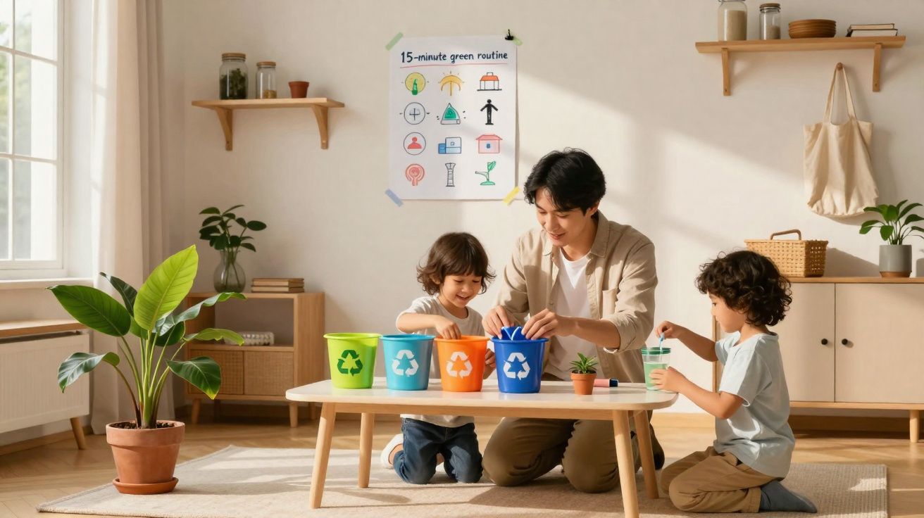 Pai e filhos organizam reciclagem em casa com cinco ecopontos coloridos à mesa numa sala iluminada.