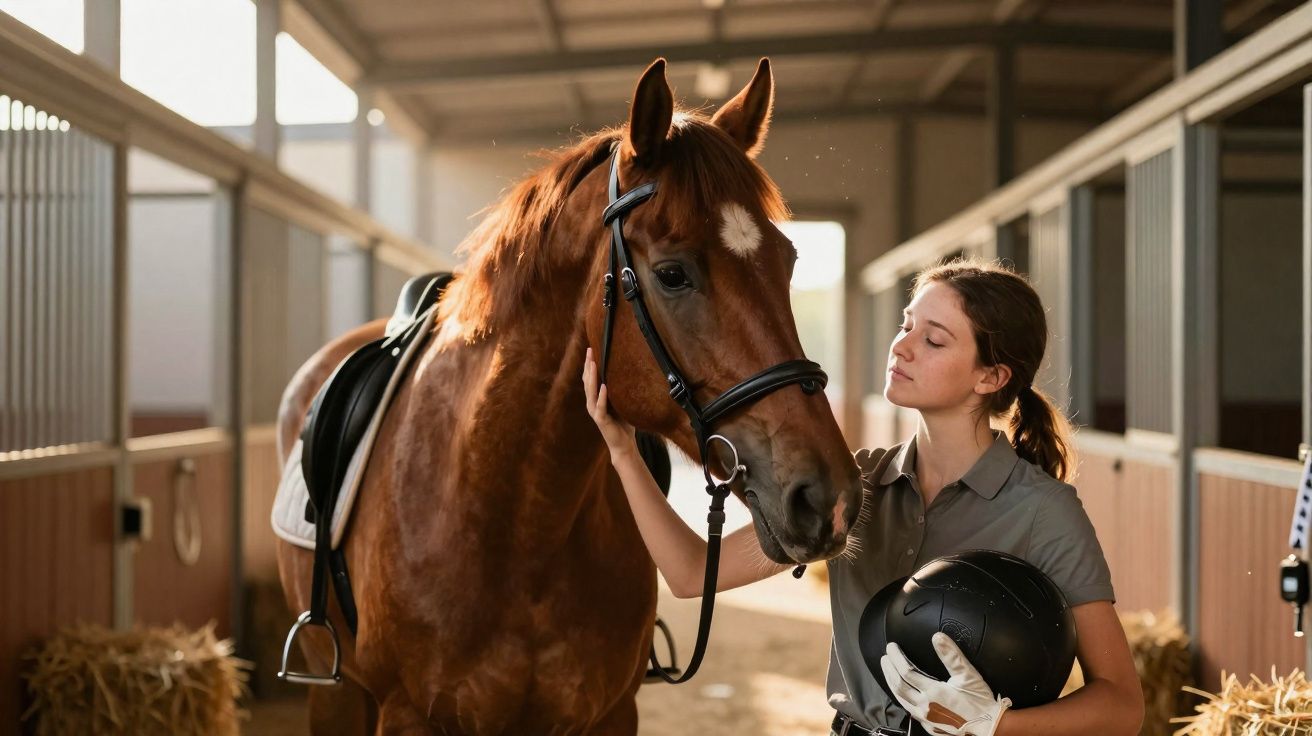 Jovem segura capacete e acaricia cavalo castanho numa cocheira iluminada, transmitindo afeto e cumplicidade.