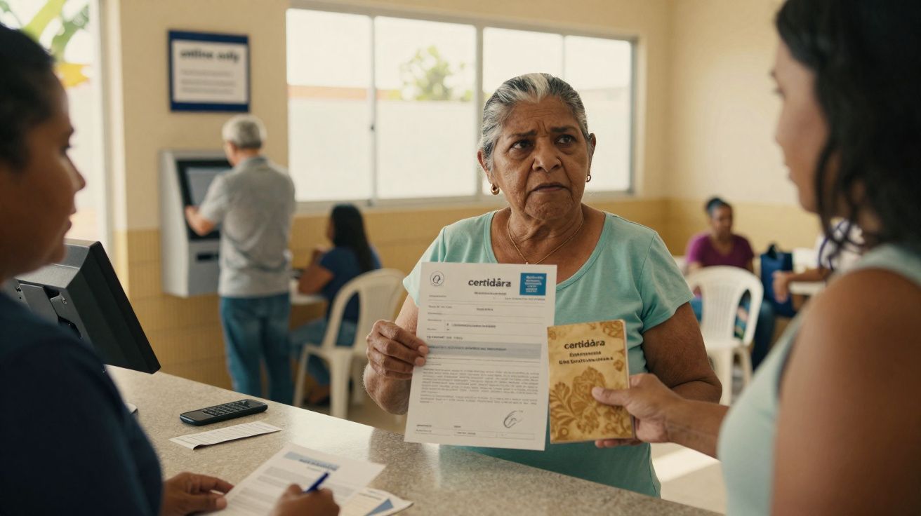 Mulher idosa com expressão séria a entregar documentos numa repartição com outras pessoas ao fundo.