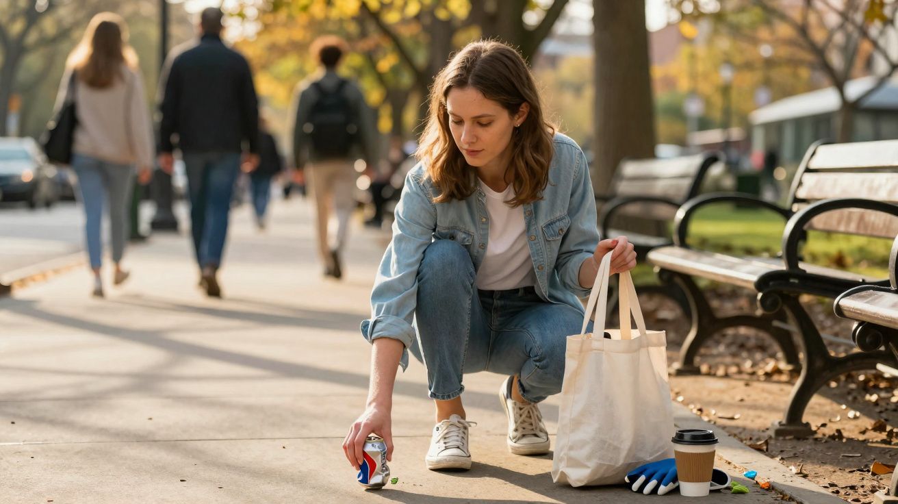 Mulher com mochila de pano apanha lata de bebida no passeio de parque urbano com bancos e pessoas ao fundo.