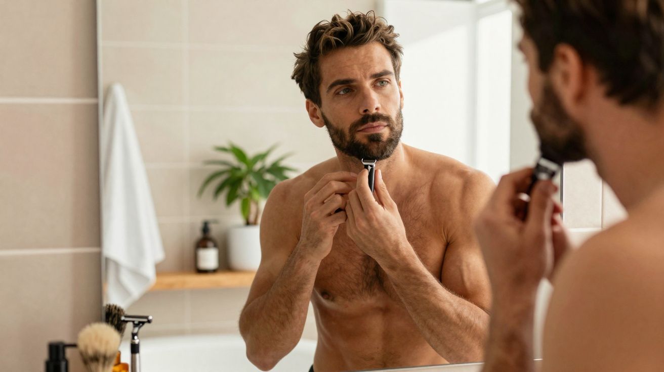 Homem barbeando a barba em frente ao espelho numa casa de banho moderna com planta e toalha ao fundo.