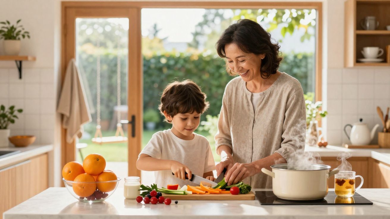 Mulher e menino a cortar legumes juntos numa cozinha moderna com frutas na bancada e janela para jardim.