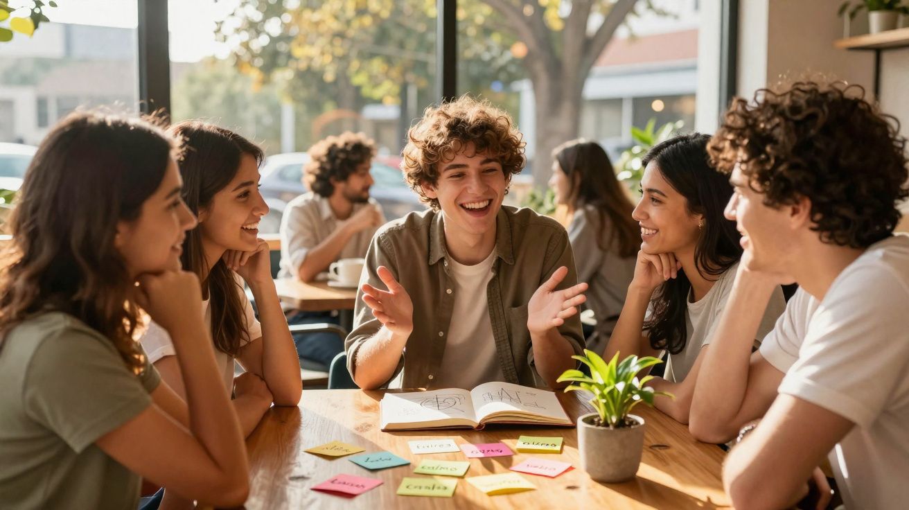 Grupo de jovens sentados à mesa num café, a conversar e rir, com notas coloridas espalhadas e planta no centro.
