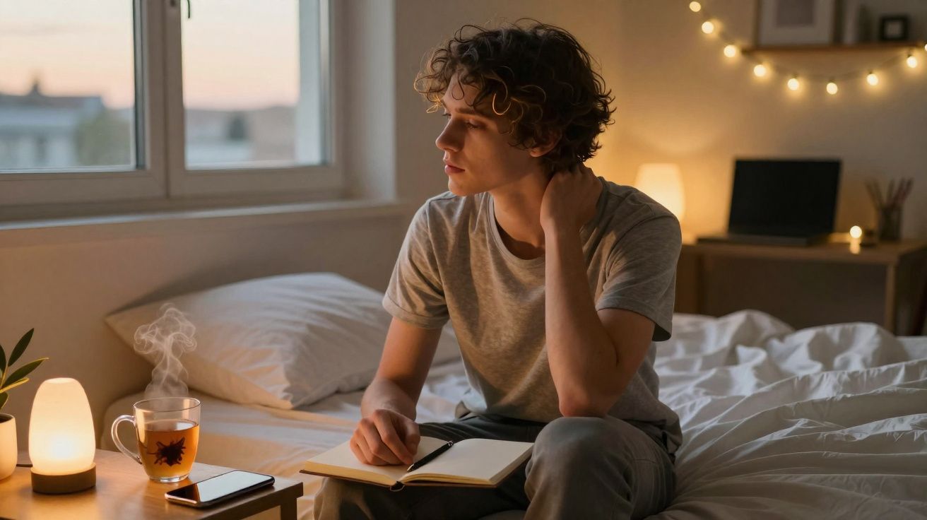Jovem sentado na cama ao entardecer, segurando um livro aberto, com chá quente e luz suave ao lado.