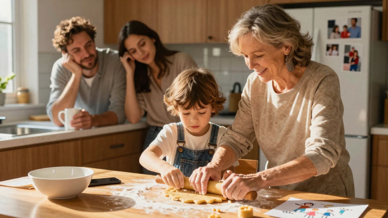 Avó e neto a preparar massa para bolachas na cozinha, com casal jovem a observar ao fundo.