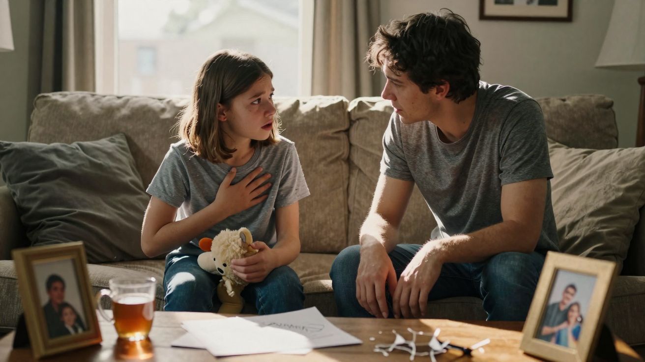 Jovem conversa preocupada com homem num sofá, segurando um boneco, numa sala com fotografias de família.