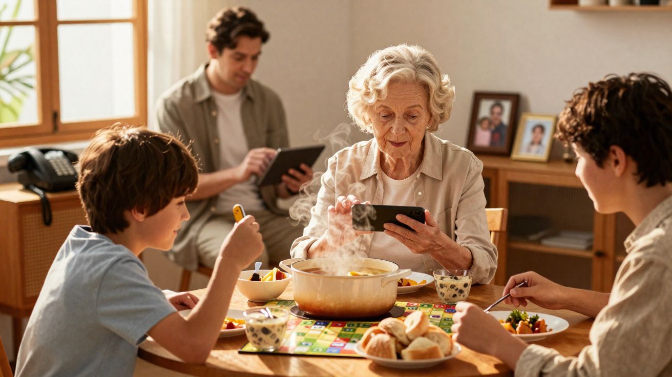 Idosa a tirar foto à sopa enquanto netos comem à mesa e homem usa tablet ao fundo numa sala iluminada.
