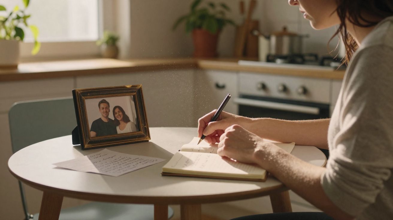 Pessoa a escrever numa mesa com moldura de fotografia e cartas, numa cozinha com luz natural.