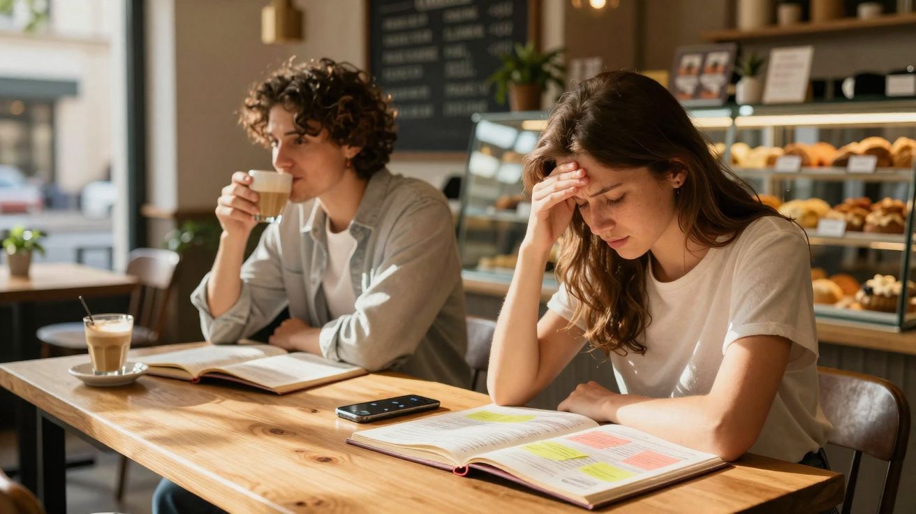 Duas pessoas num café, uma bebe café e a outra está preocupada a estudar com livros abertos à frente.