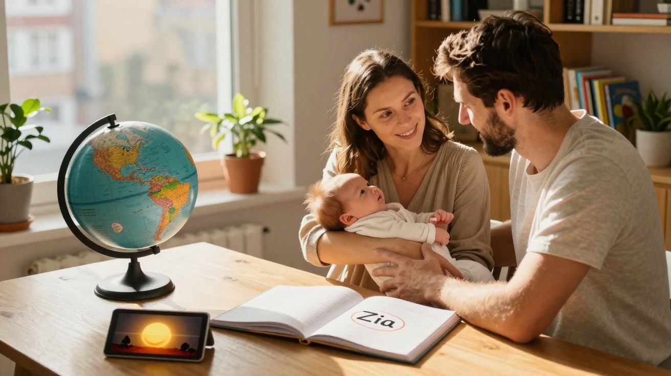 Casal com bebé junto a mesa com livro, globo terrestre e tablet com imagem do sol ao pôr do sol.