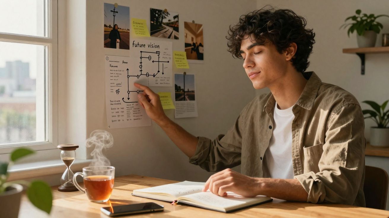Jovem sentado numa mesa a estudar com chá quente, apontando para esquema de visão futura na parede.