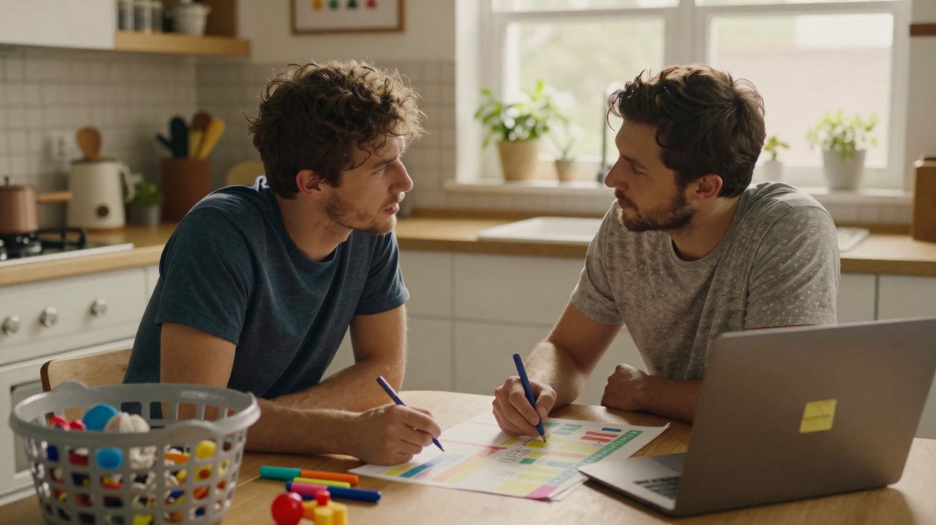 Dois homens sentados à mesa da cozinha a planear com marcadores e portátil à frente.