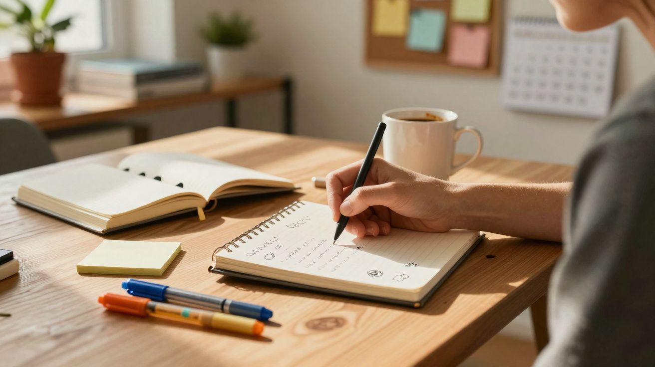 Pessoa a escrever num caderno juntamente com canetas, bloco de notas, livro aberto e caneca numa mesa de madeira.