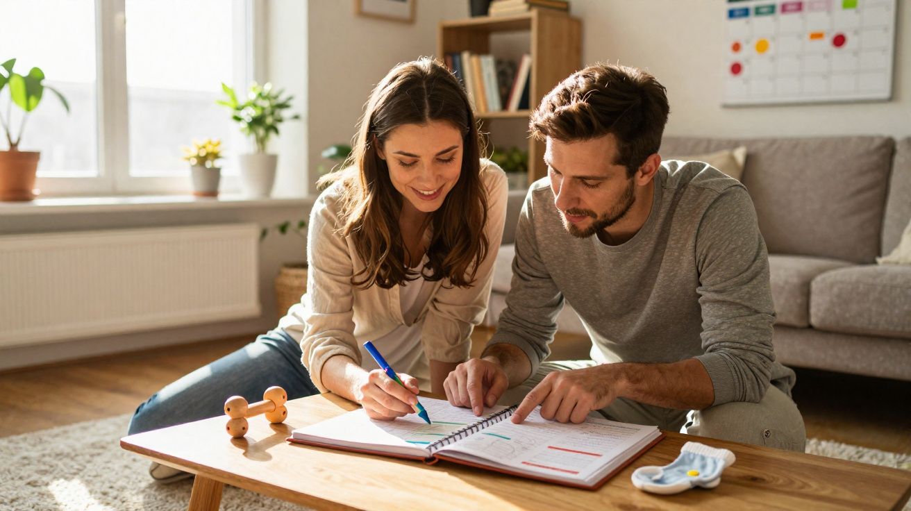 Casal jovem sentado no chão a planear com agenda numa sala clara e acolhedora.