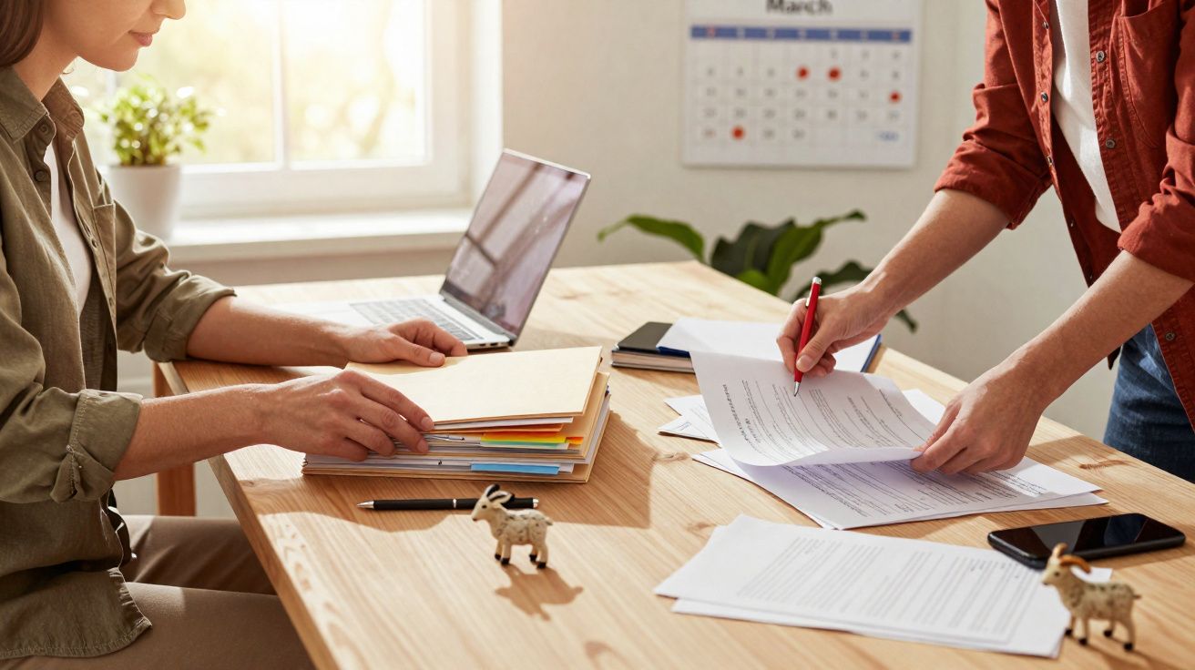 Duas pessoas a trabalhar com documentos e laptop numa mesa de madeira bem iluminada junto a uma janela.