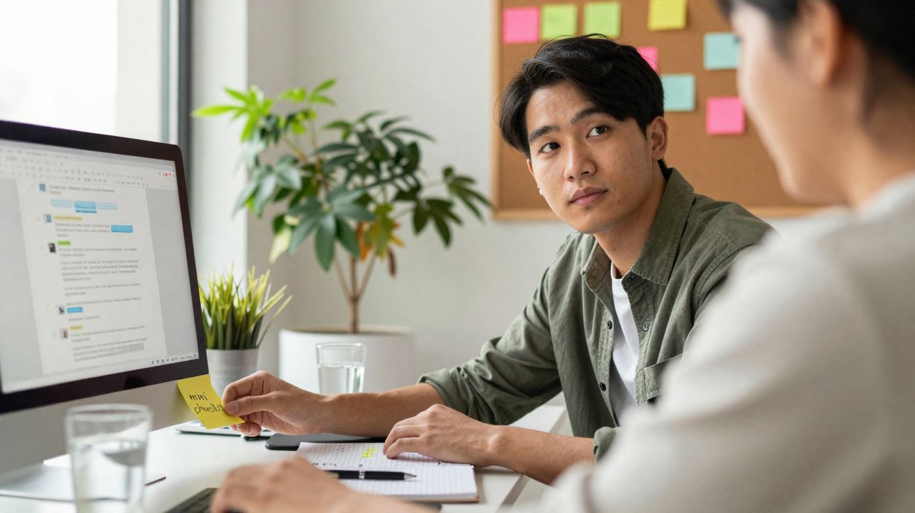 Dois jovens numa reunião de trabalho, com computador, notas e quadro de avisos ao fundo.