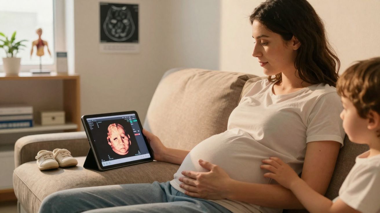Mulher grávida sentada no sofá com criança ao lado, vendo ecografia 3D do bebé num tablet.