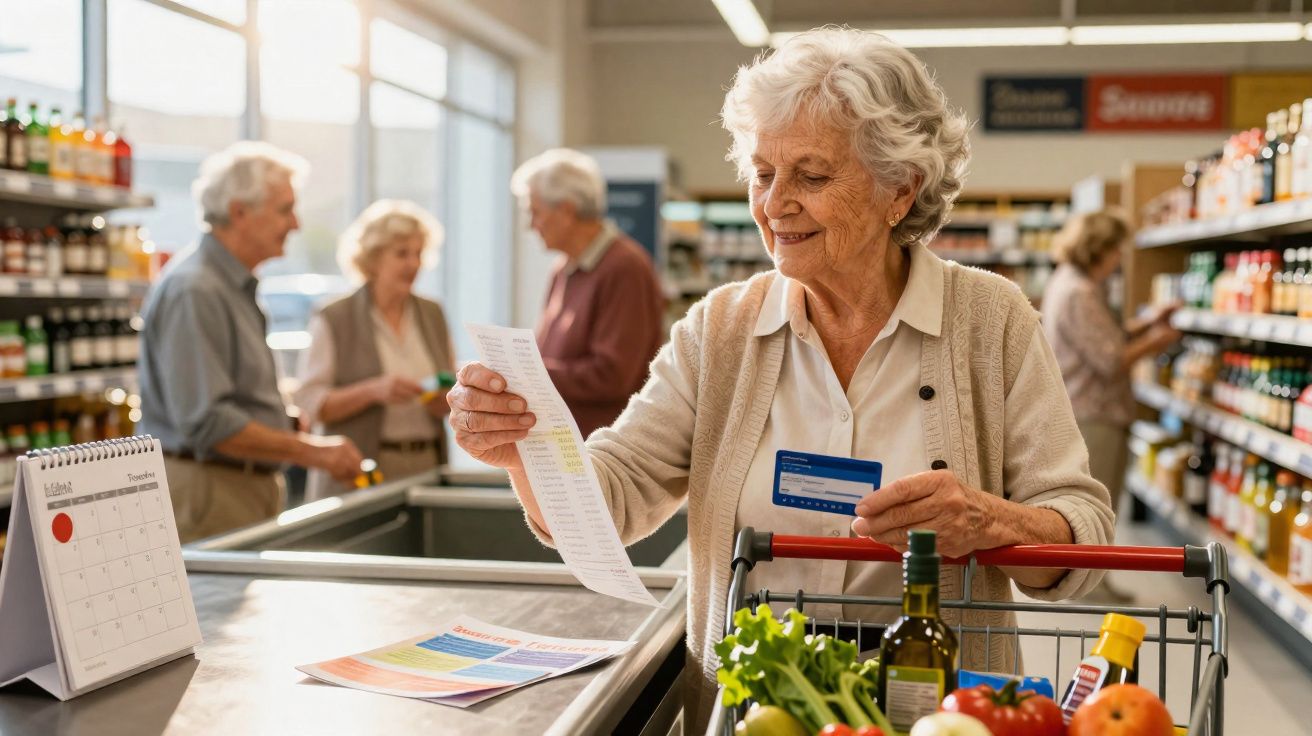Idosa no supermercado a verificar o talão de compras com carrinho cheio de alimentos frescos.