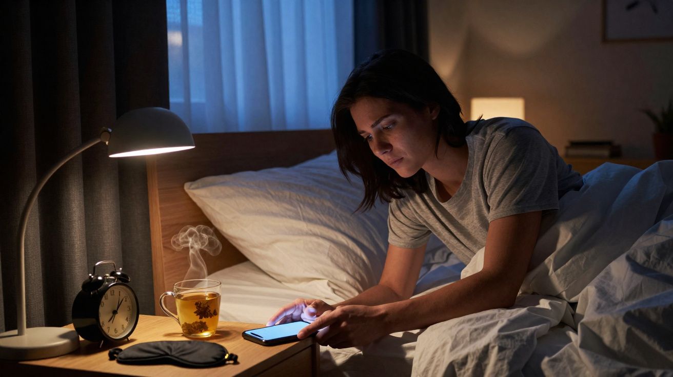 Pessoa deitada na cama a usar telemóvel, com chá quente, pano para os olhos e despertador na mesa de cabeceira.