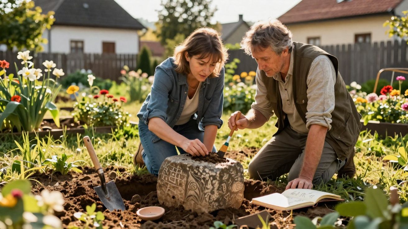 Casal a escavar cuidadosamente um artefacto antigo num jardim florido, com livro aberto ao lado.