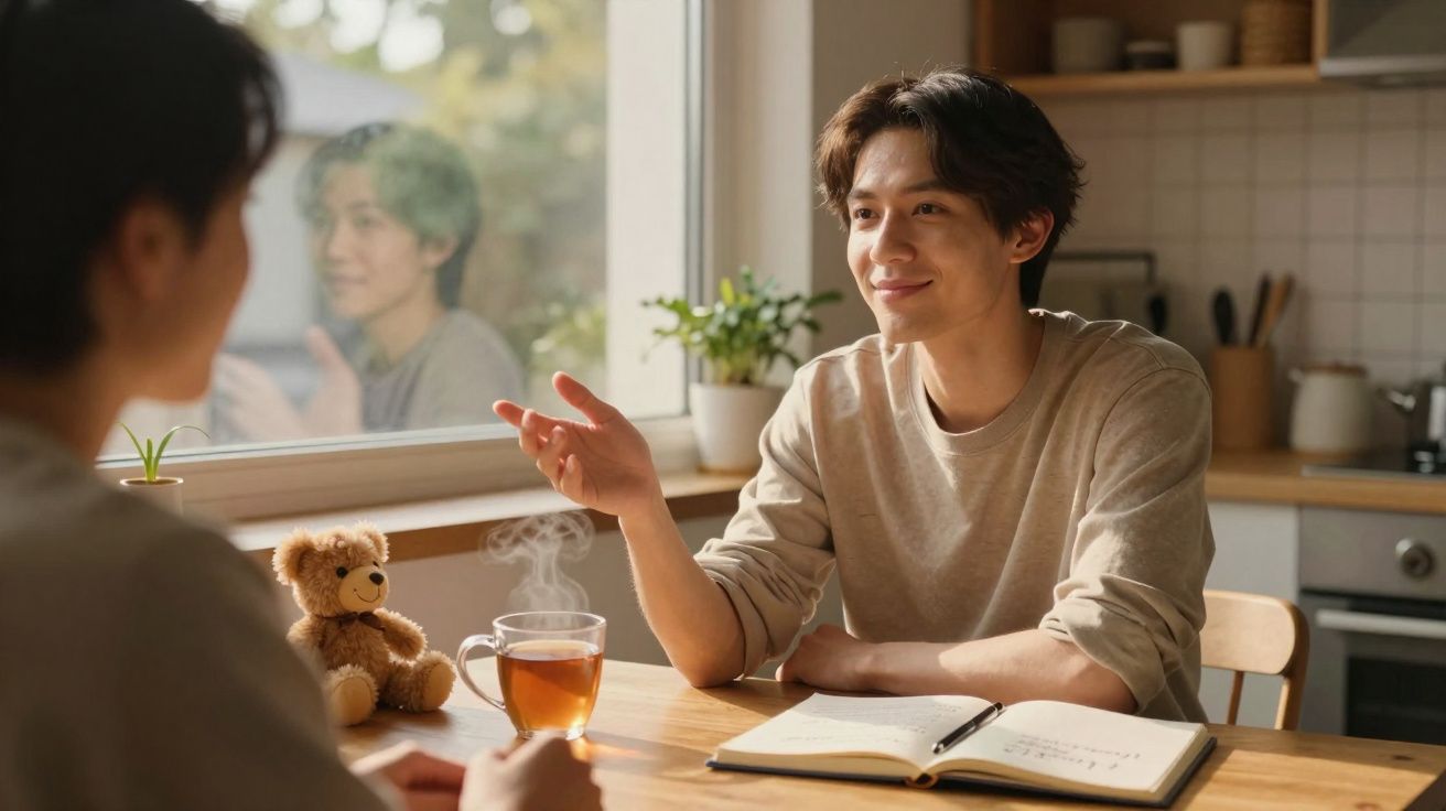 Jovem sentado à mesa a conversar, com chá quente, ursinho de peluche e caderno aberto.