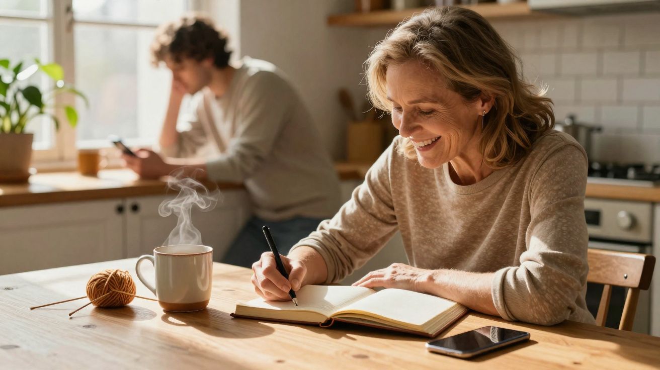 Mulher sorridente escreve num caderno enquanto homem usa telemóvel na cozinha acolhedora.