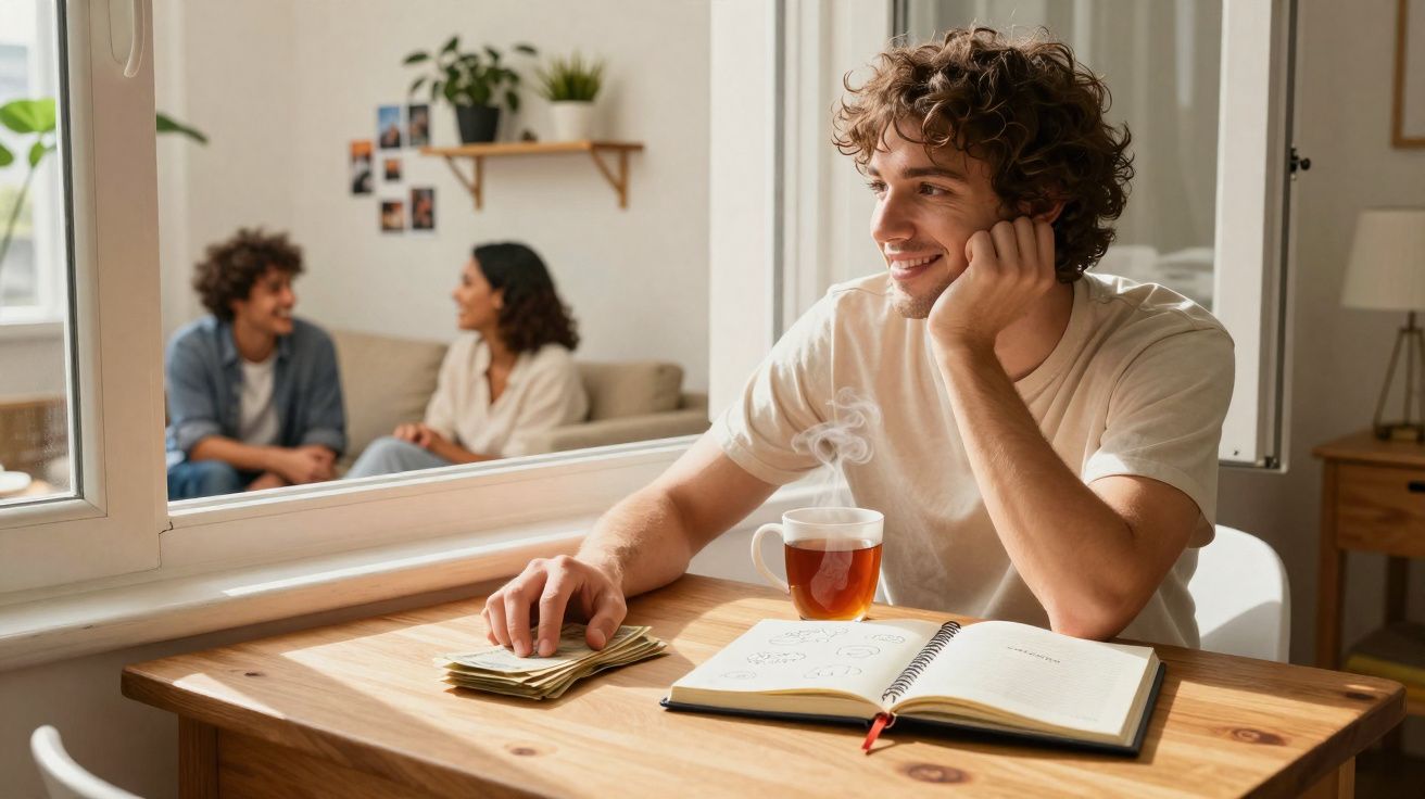 Jovem sentado à mesa com chá, caderno aberto e notas, olhando pela janela onde duas pessoas conversam.