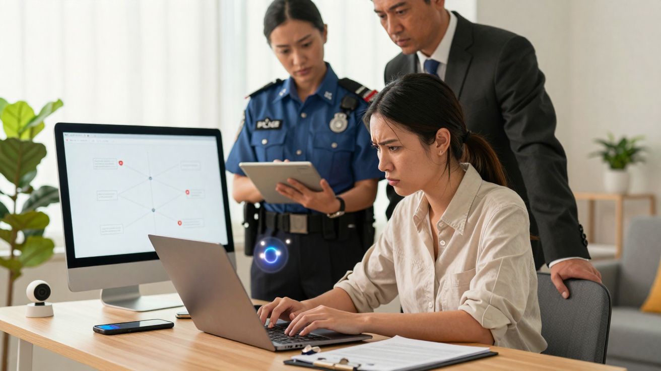 Equipa de investigação analisa dados no computador numa sala de escritório moderna.