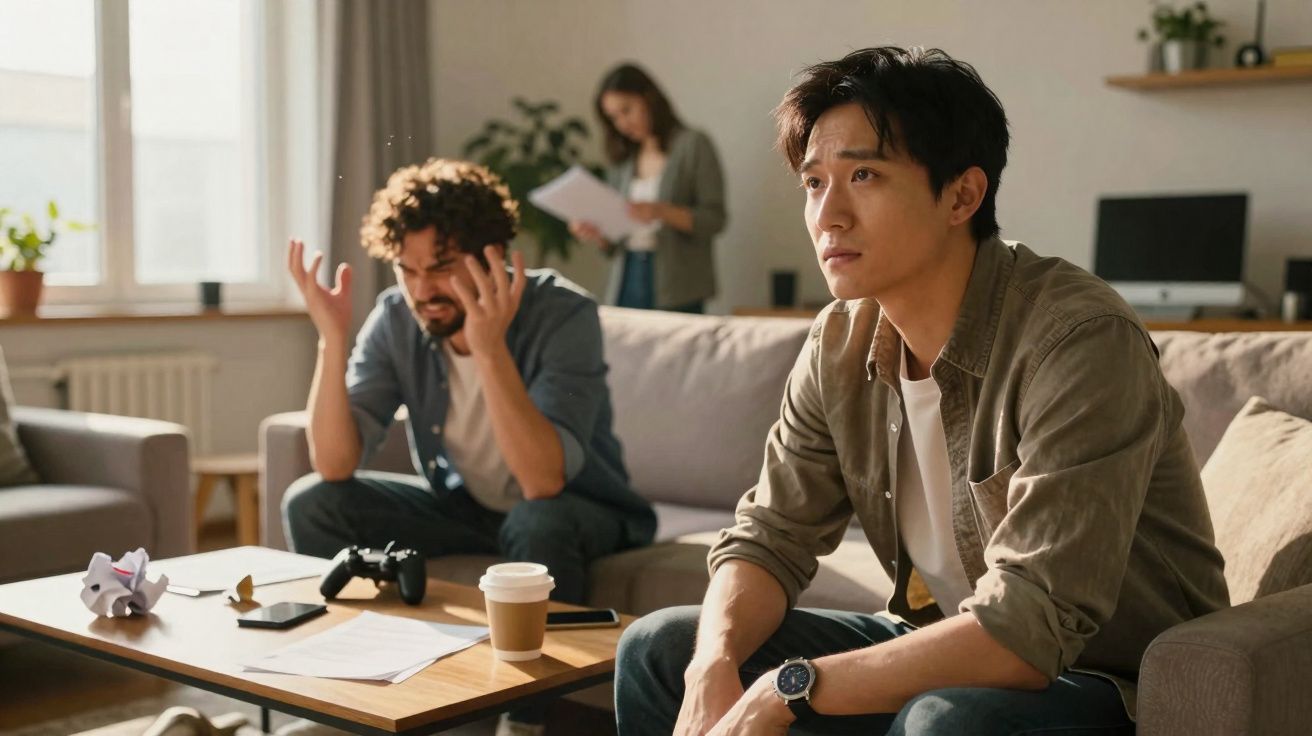 Dois homens sentados no sofá, um frustrado e outro pensativo, com uma mulher ao fundo a ler papéis.