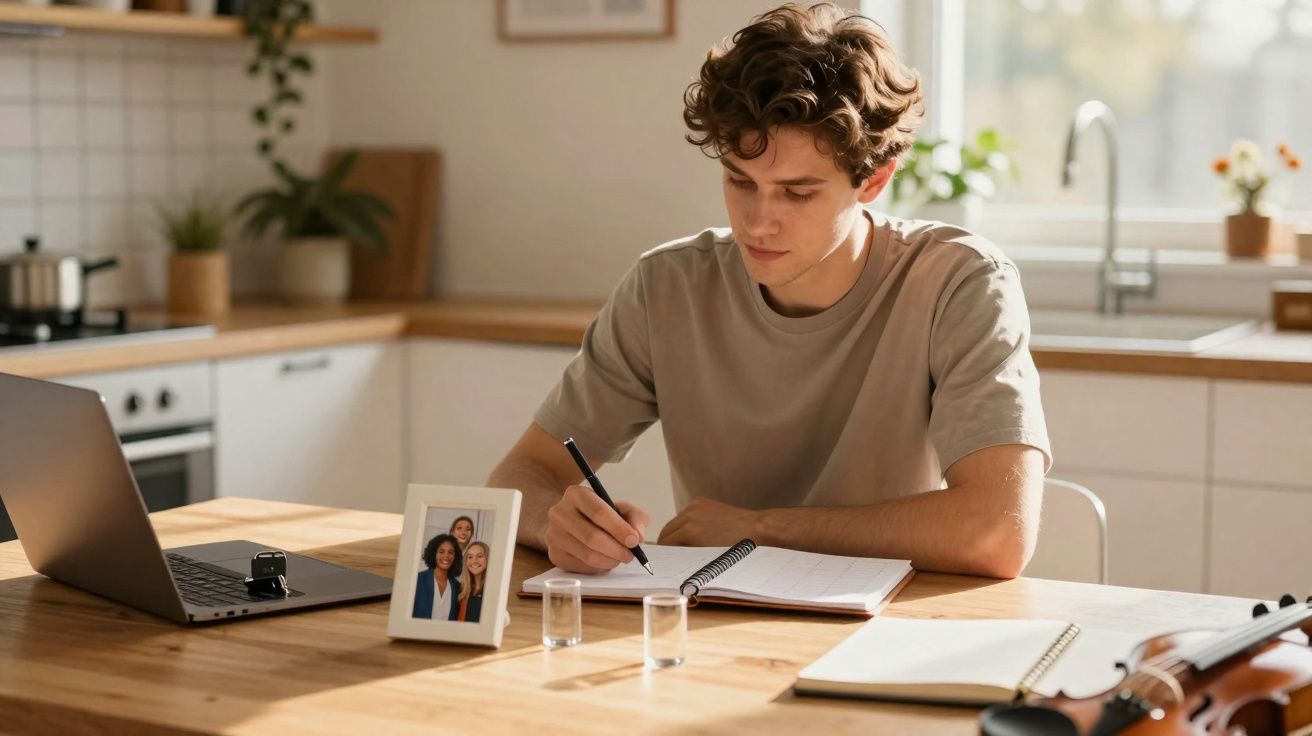 Jovem sentado à mesa numa cozinha, a escrever num caderno com portátil e violino ao lado.