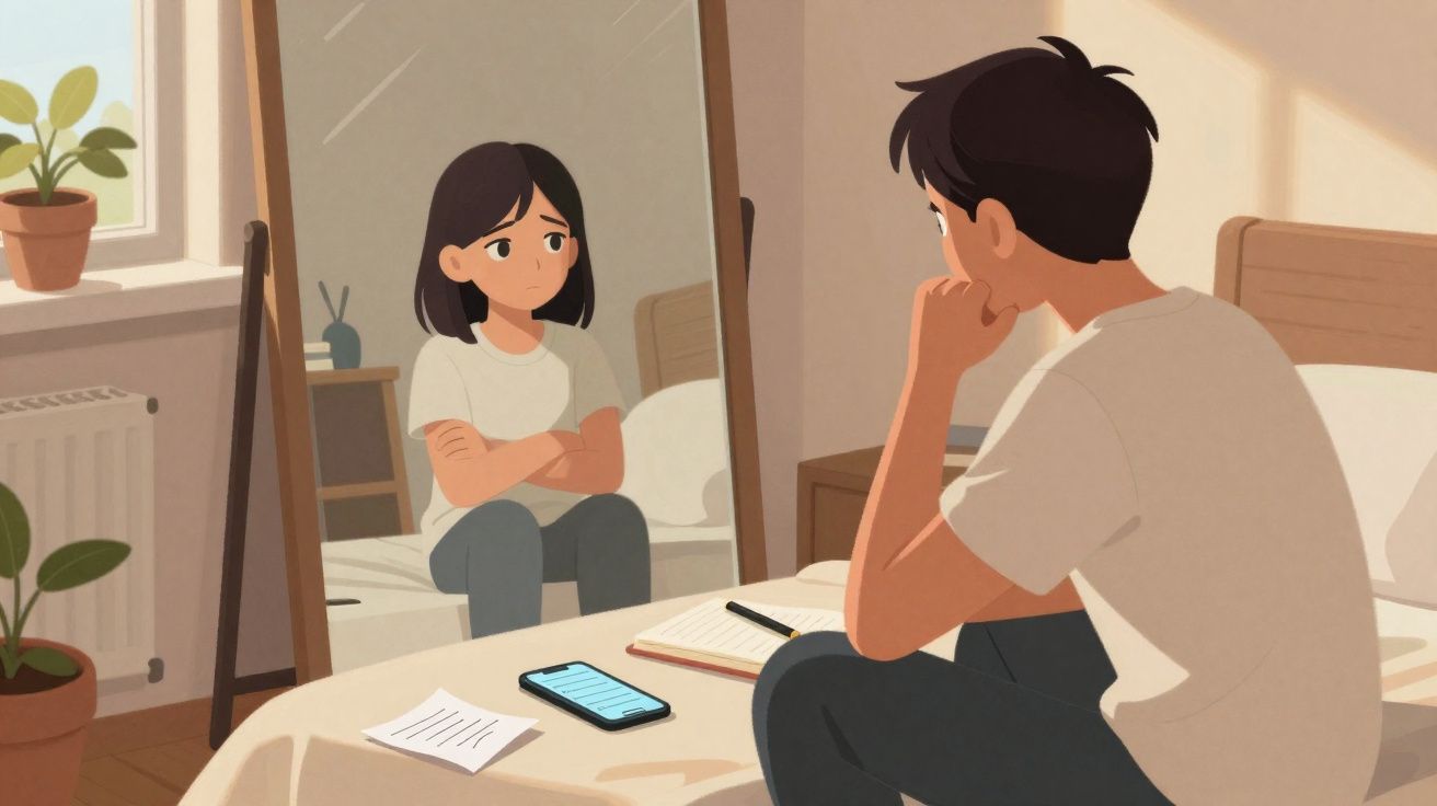 Jovem sentado na cama a olhar para o espelho que reflete uma rapariga com expressão preocupada.