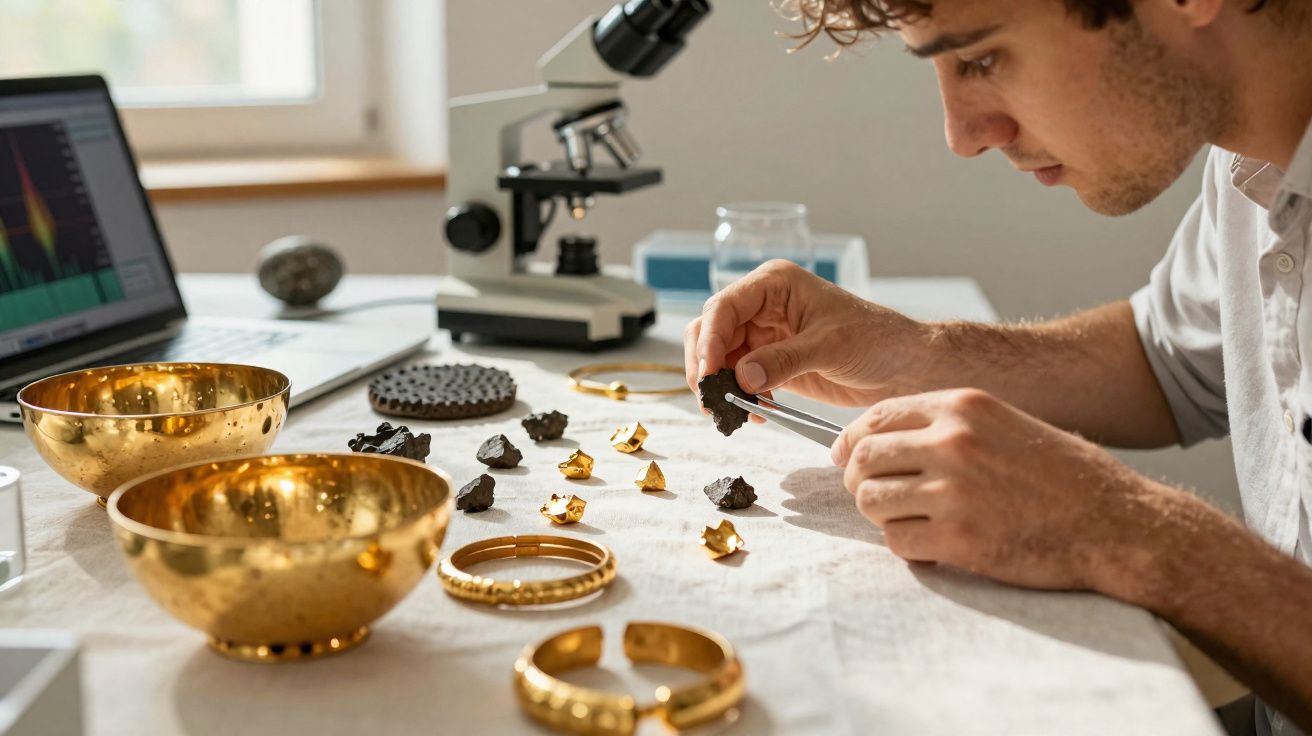 Homem analisa fragmentos arqueológicos com pinça numa mesa com objetos dourados e microscópio ao fundo.