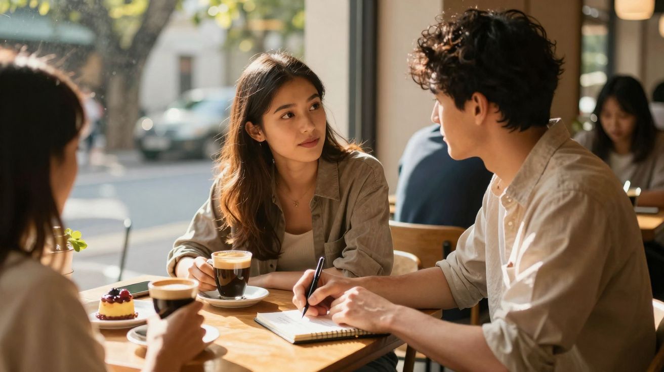 Três jovens sentados numa cafetaria, com chávenas de café, a conversar e a escrever num caderno.