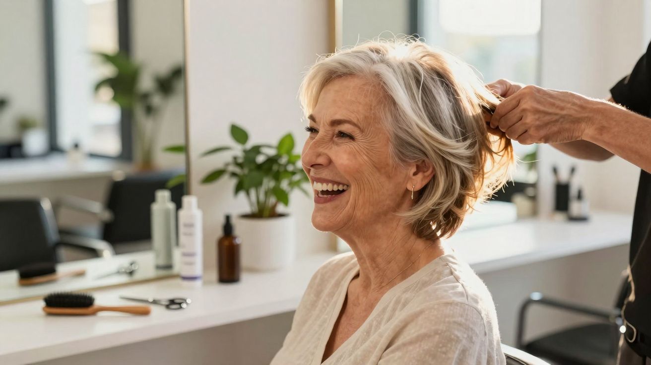 Mulher idosa sorridente a ser penteada numa cadeira de salão de beleza luminoso e moderno.