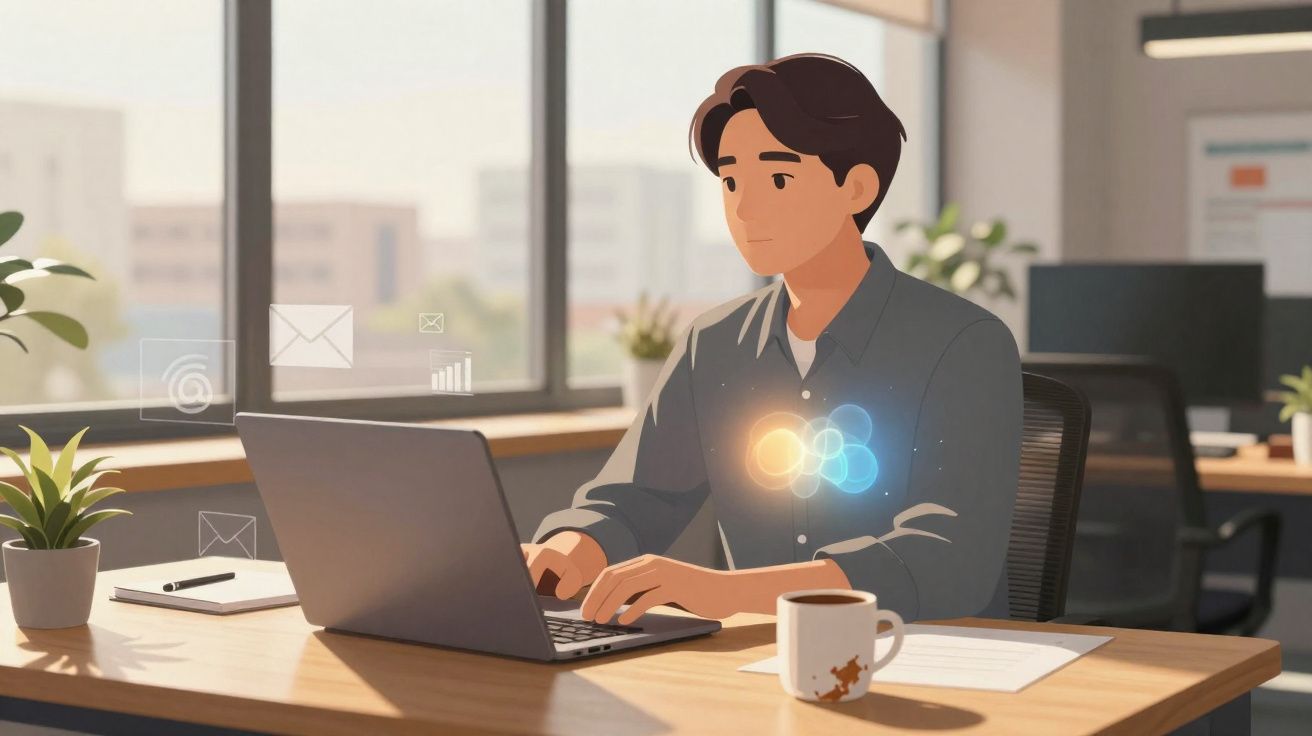 Homem a trabalhar num portátil numa mesa de escritório com elementos digitais holográficos à frente.
