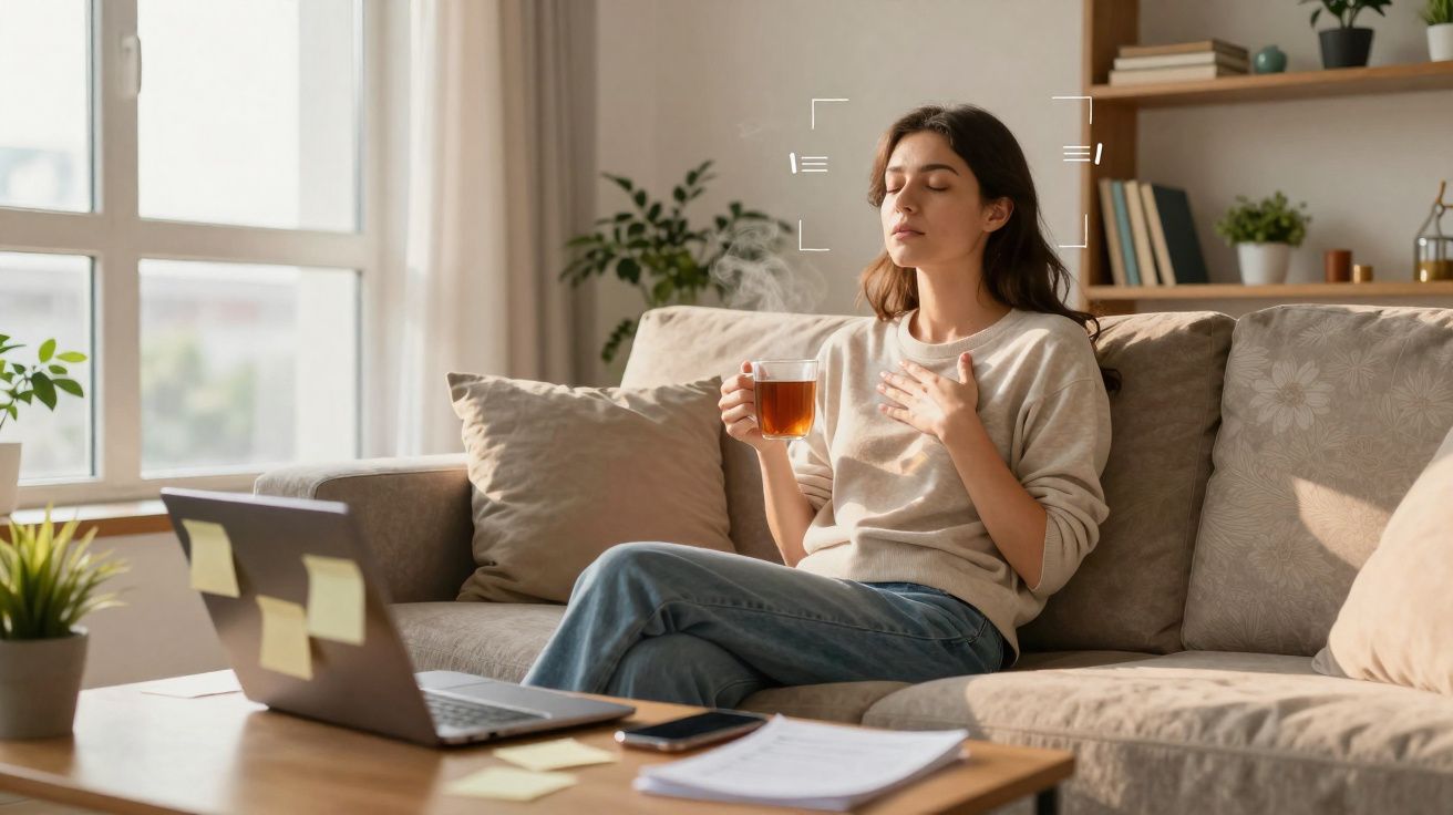 Mulher sentada no sofá com chá quente, olhos fechados e mão no peito, ao lado de portátil e documentos na mesa.