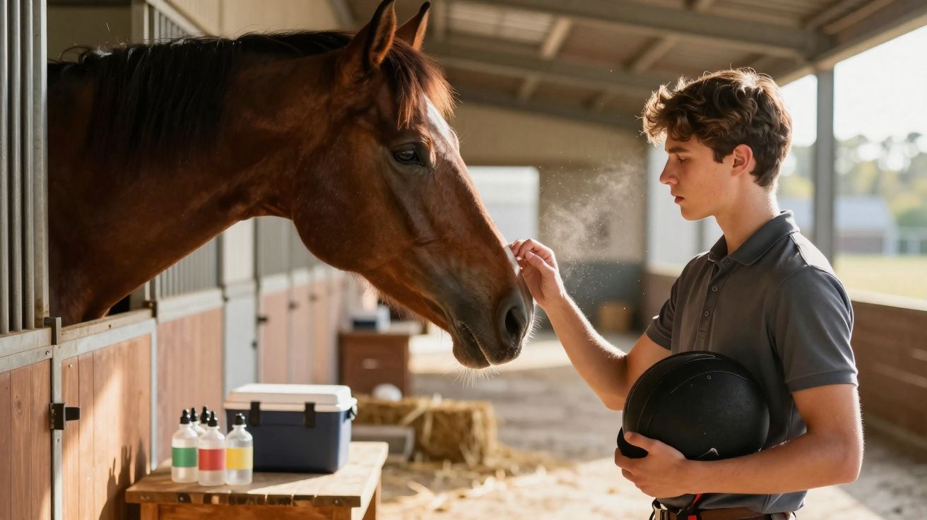 Rapaz acaricia cavalo perto da baía numa manhã fria com vapor a sair do focinho do animal.