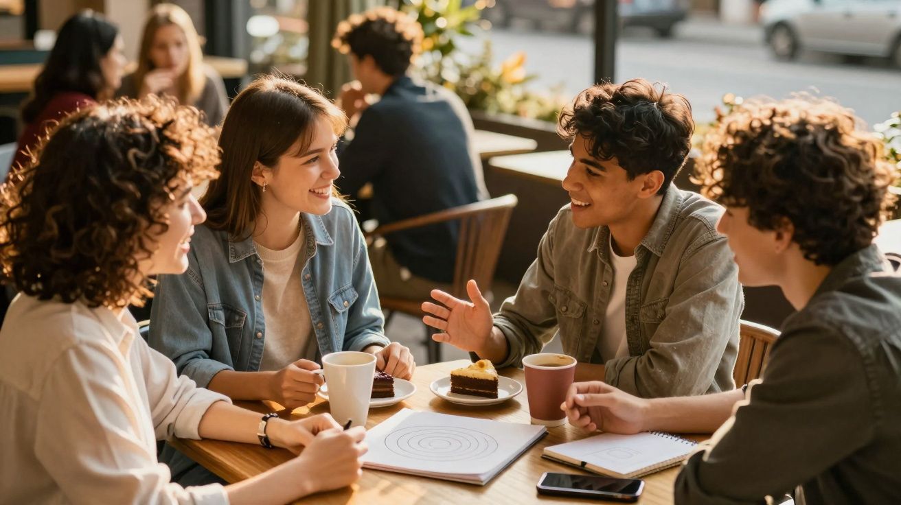 Grupo de quatro jovens sentados à mesa de café, a conversar e a beber bebidas quentes.