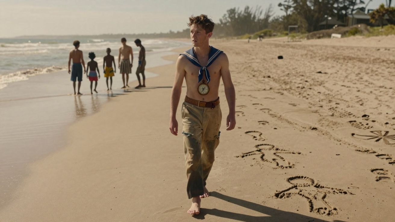 Rapaz a caminhar na praia descalço com bússola ao pescoço e grupo de jovens ao fundo junto ao mar.