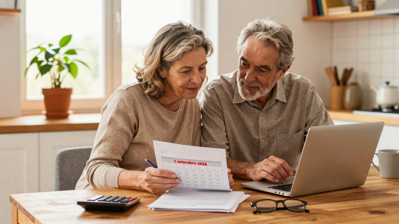 Casal sénior analisa documentos e calendário em cozinha com computador portátil e calculadora na mesa.