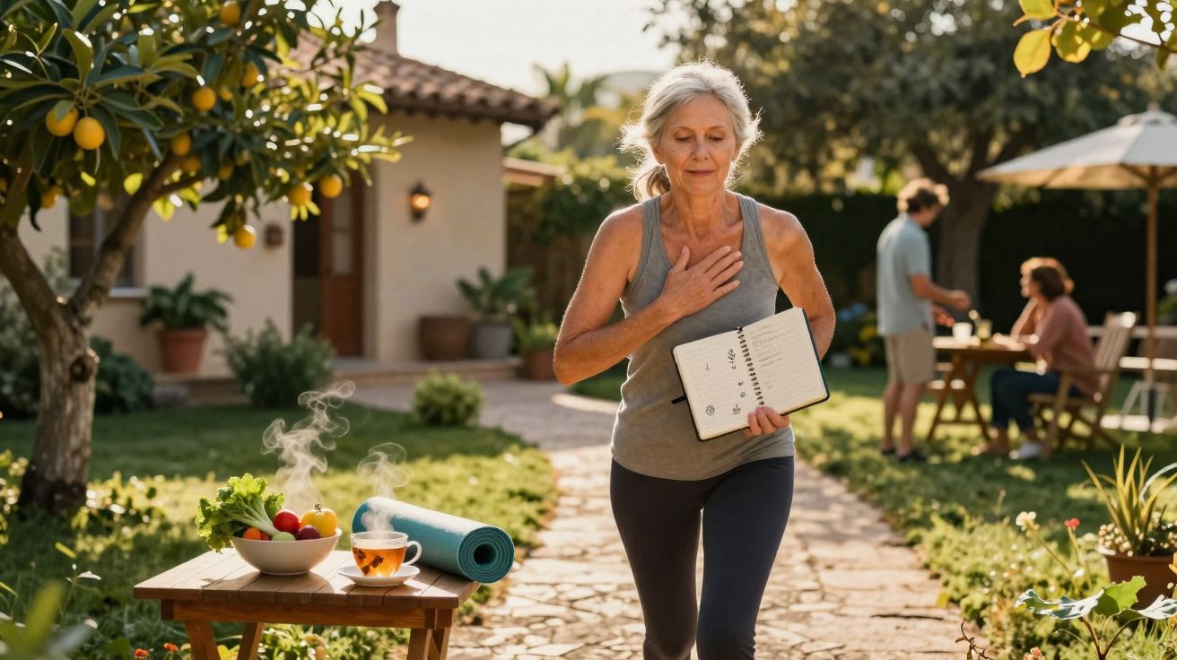 Mulher madura a fazer corrida leve no jardim, segurando caderno, com chá e legumes numa mesa ao lado.
