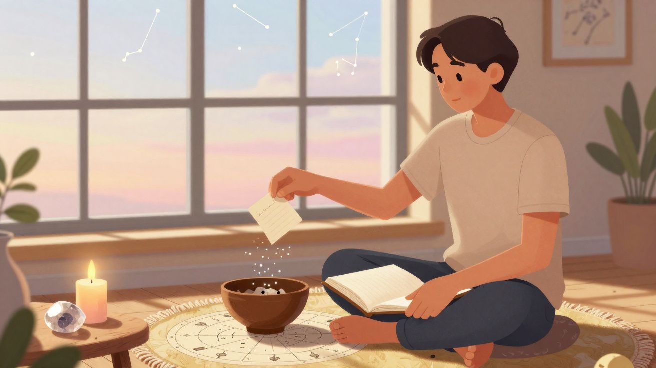Pessoa sentada no chão, segurando um livro e polvilhando sal numa tigela, junto a velas e símbolos astrológicos.