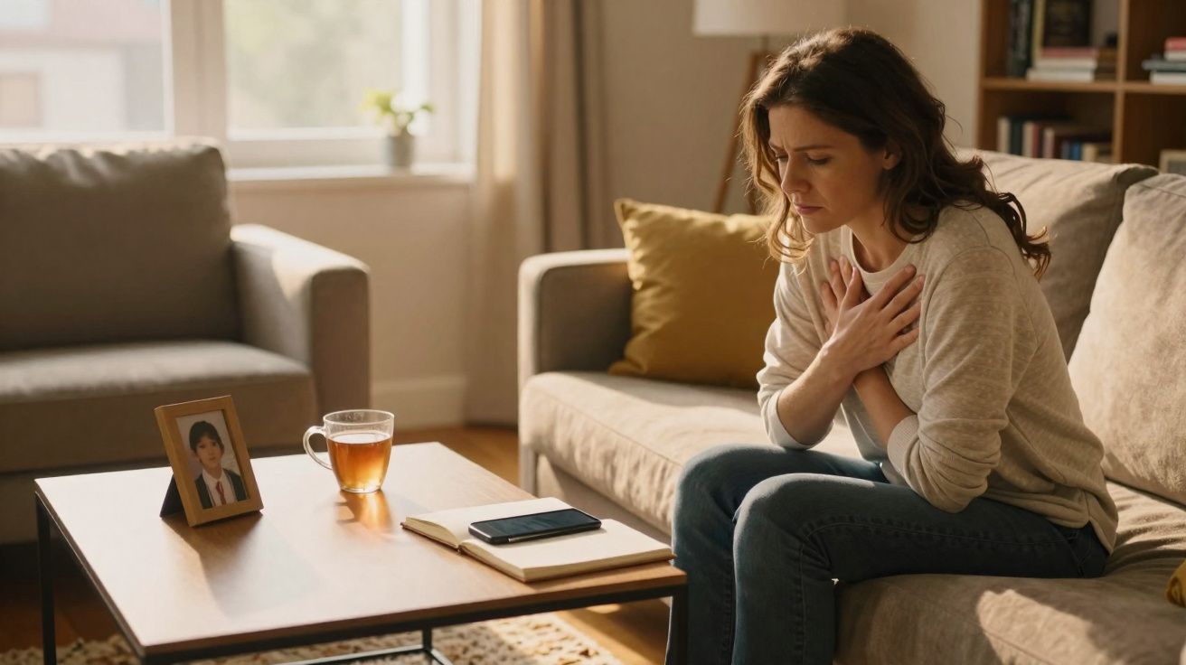 Mulher sentada no sofá sente dor no peito, cadeira e mesa com chá, livro e foto de criança à frente.