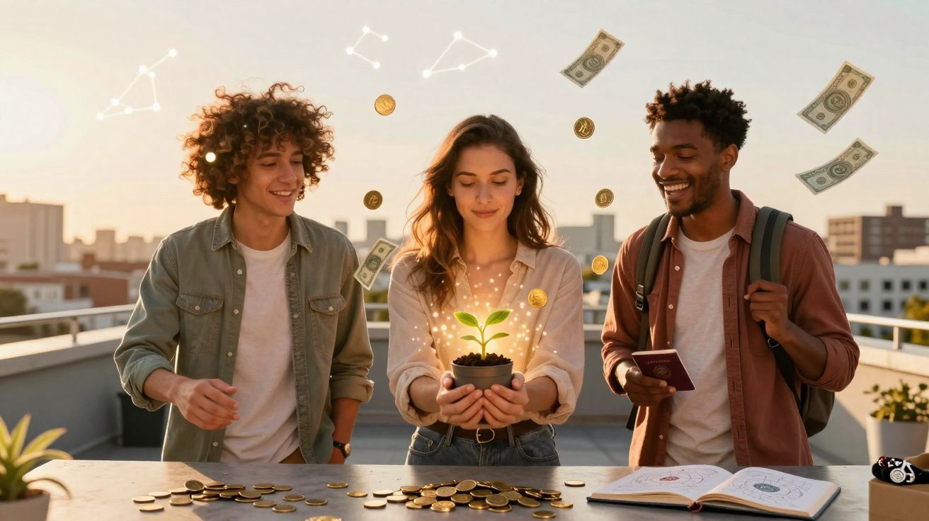 Três jovens com moedas e notas flutuantes, uma mulher segura um vaso com planta em crescimento iluminada.