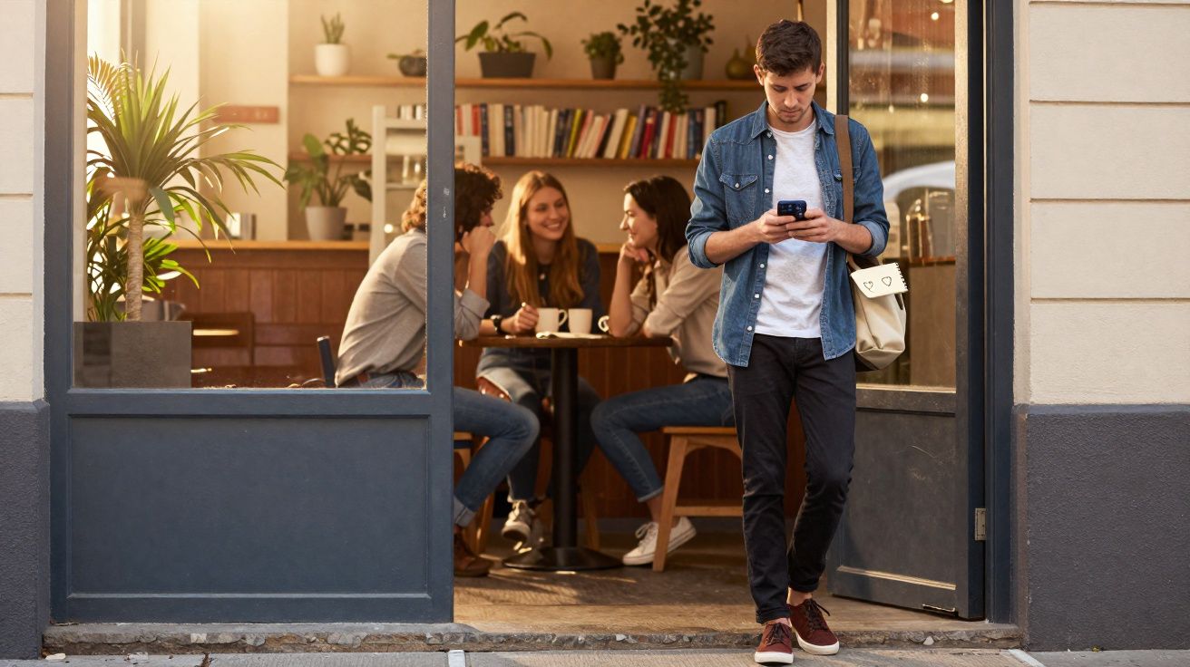 Homem a olhar para o telemóvel na entrada de um café onde três pessoas falam à mesa.
