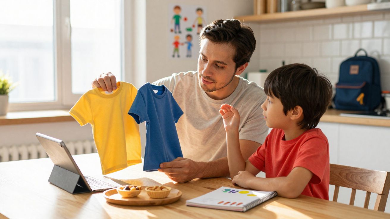 Homem e menino sentados à mesa com tablet, mostrando camisolas azul e amarela para escolher.