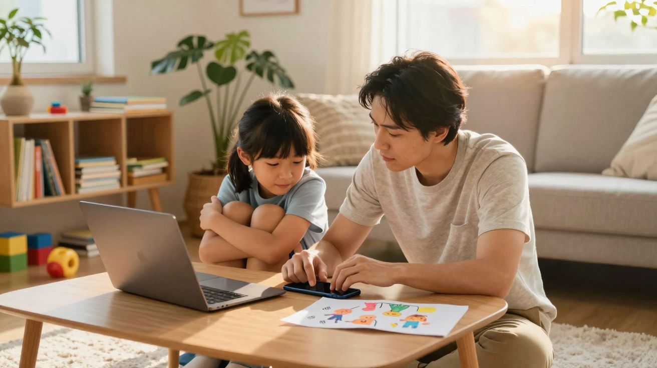 Pai e filha sentados a brincar com um tablet numa sala iluminada, com desenhos e laptop na mesa de madeira.