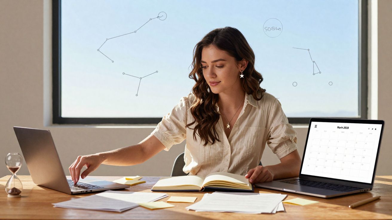 Mulher a estudar numa secretária com livros, calendários digitais e desenhos de constelações na janela atrás.