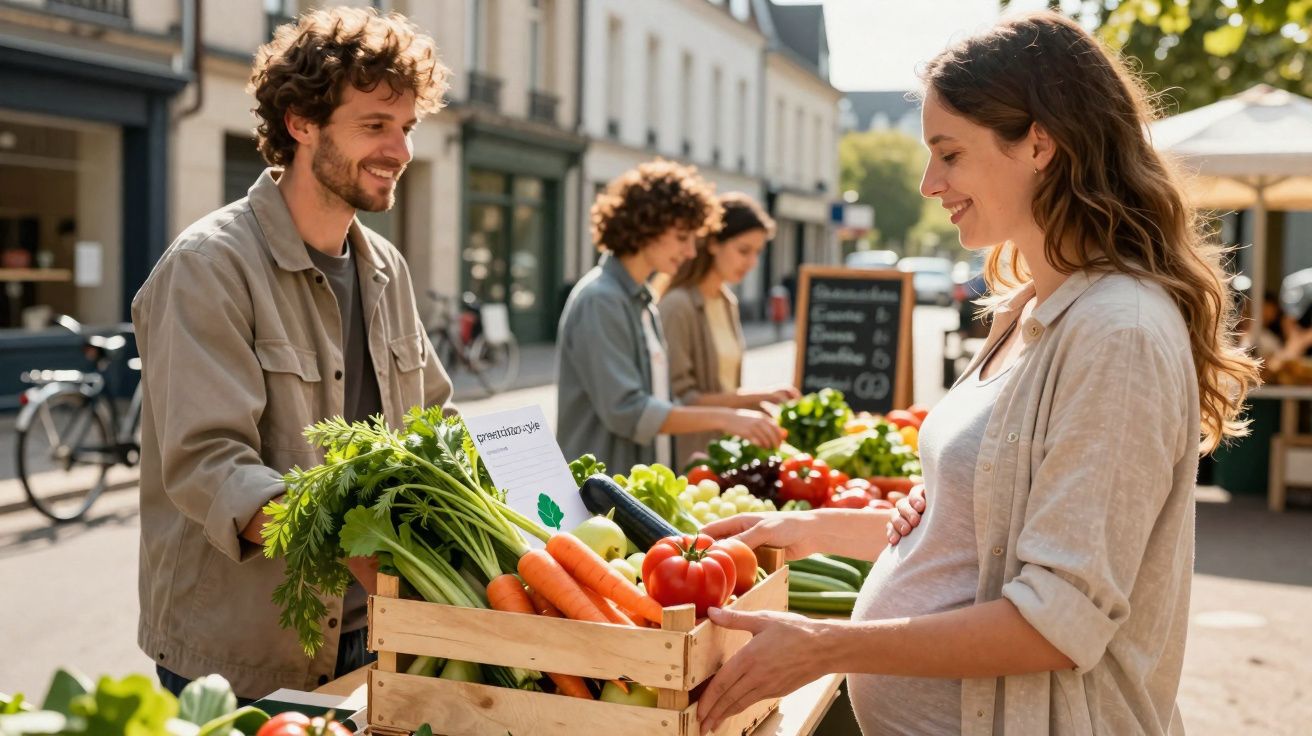 Mulher grávida compra legumes frescos numa feira ao ar livre, numa manhã soalheira.